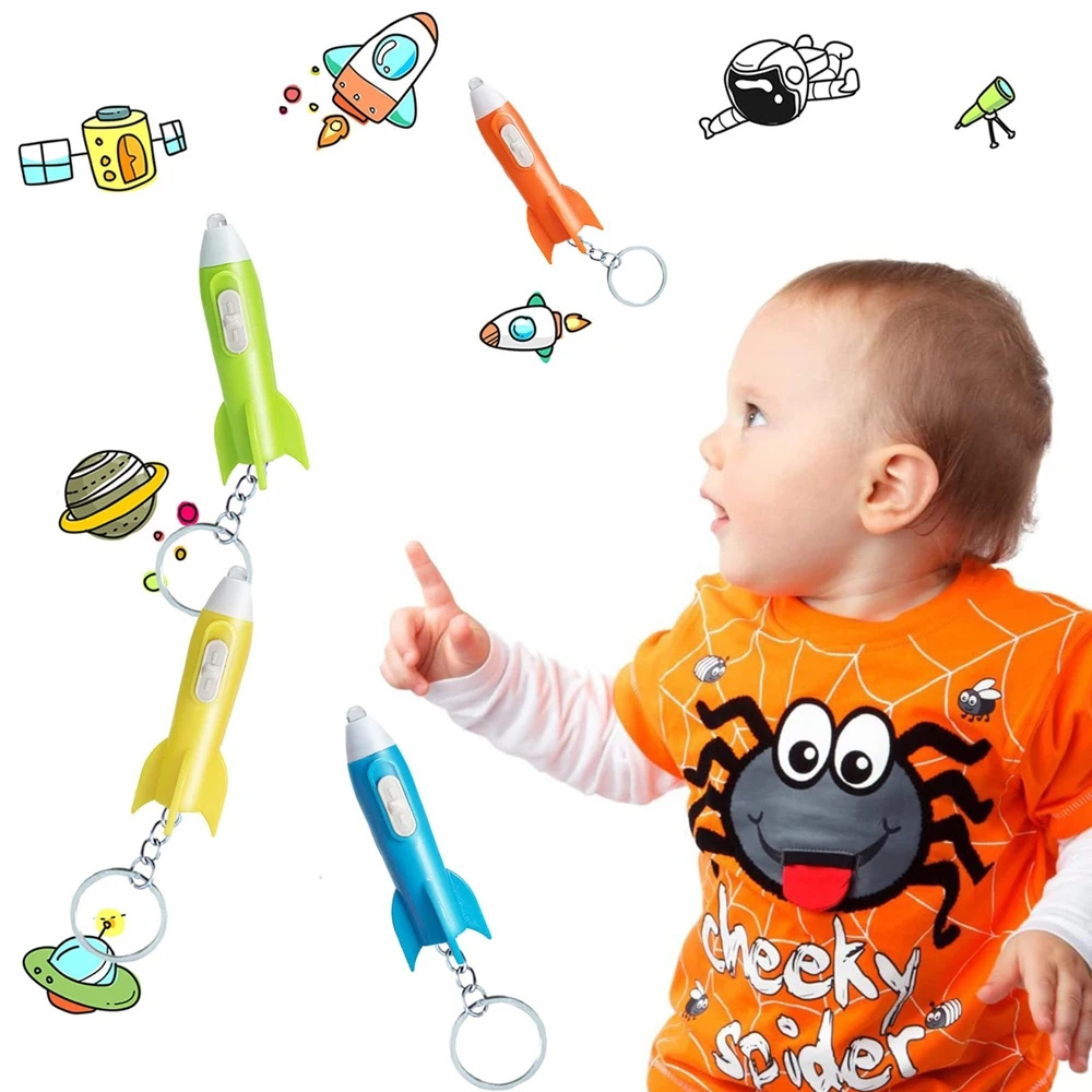 Key Chain Kids Flash Light Rocket Keychain LED Mini Flashlight Key Ring Plastic Rocket Keychain Party Favors Child