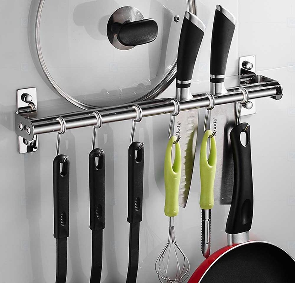 40cm 50cm 60cm 70cm 80cm Heavy Duty Kitchen Utensil Hanging Rail Rack Organiser Wall Mounted Stainless Steel with hooks