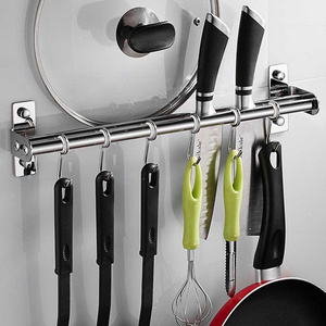 40cm 50cm 60cm 70cm 80cm Heavy Duty Kitchen Utensil Hanging Rail Rack Organiser Wall Mounted Stainless Steel with hooks