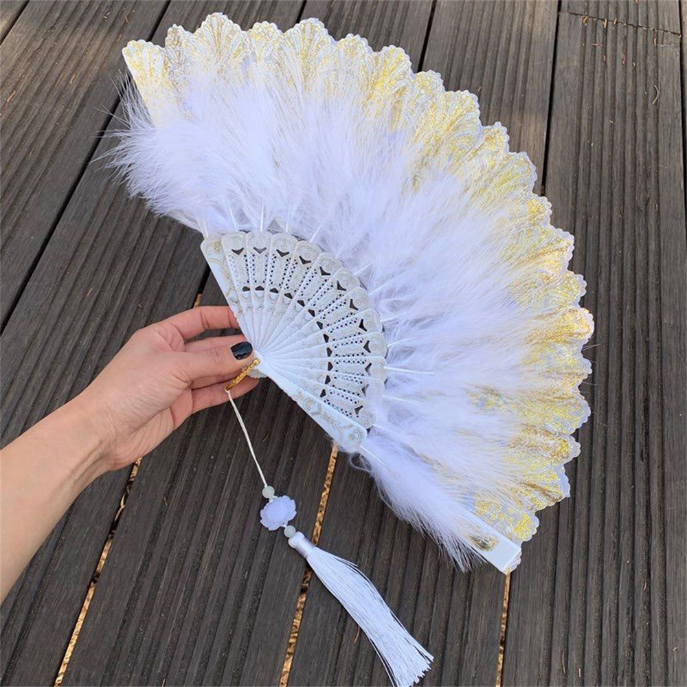 Lolita Feather Folding Fan Japanese Sweet Fairy Girl Dark Gothic Court Dance Hand Fan with Pendant Gift Wedding Party Decoration