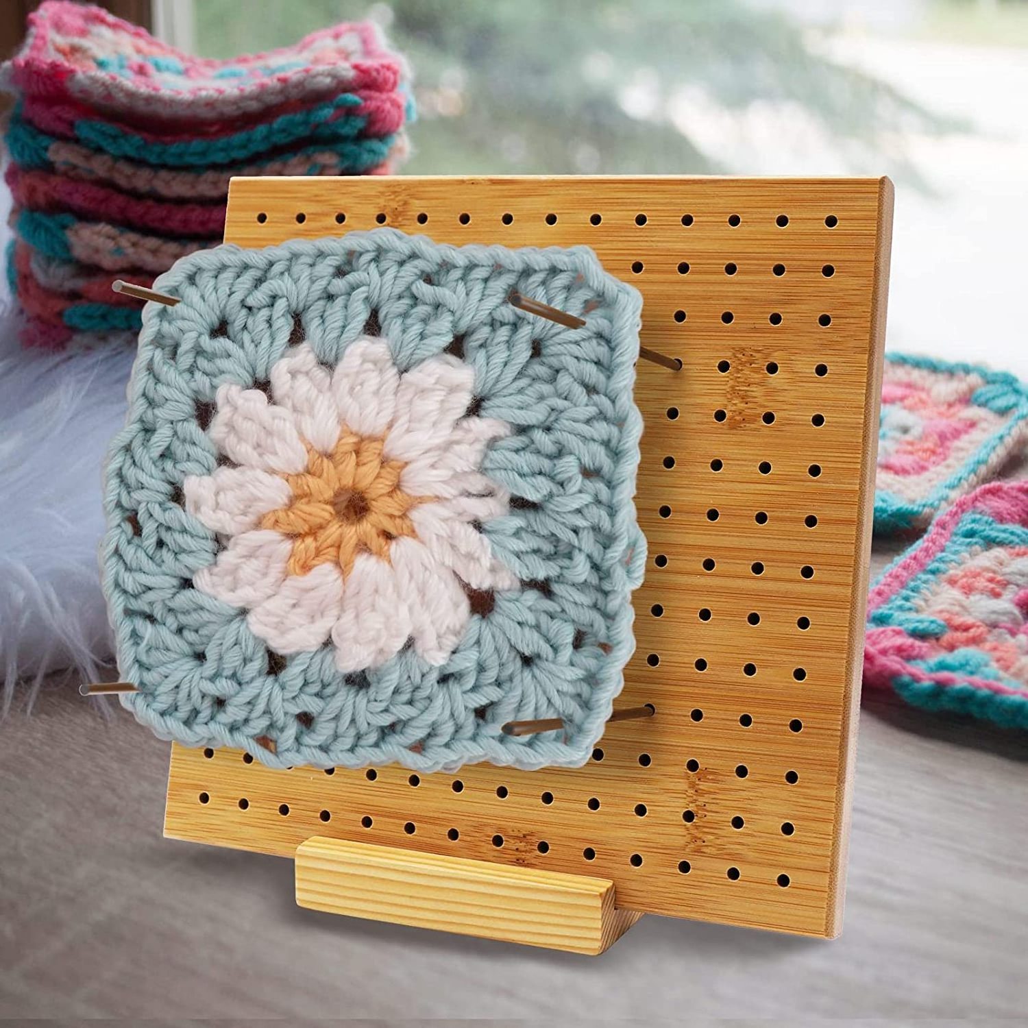 Bamboo Blocking Board for Knitting Crochet Wooden Pegboard Home Decorative Storage Shelf Gift for Granny Square Lovers