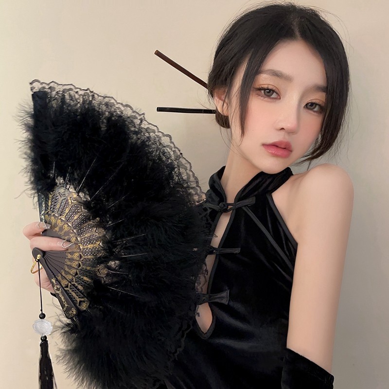 Lolita Feather Folding Fan Japanese Sweet Fairy Girl Dark Gothic Court Dance Hand Fan with Pendant Gift Wedding Party Decoration