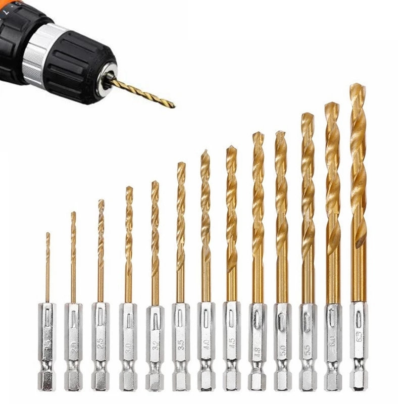 13pcs HSS High Speed Steel Titanium Coated Drill Bit Set 1/4 Hex Shank 1.5-6.5mm