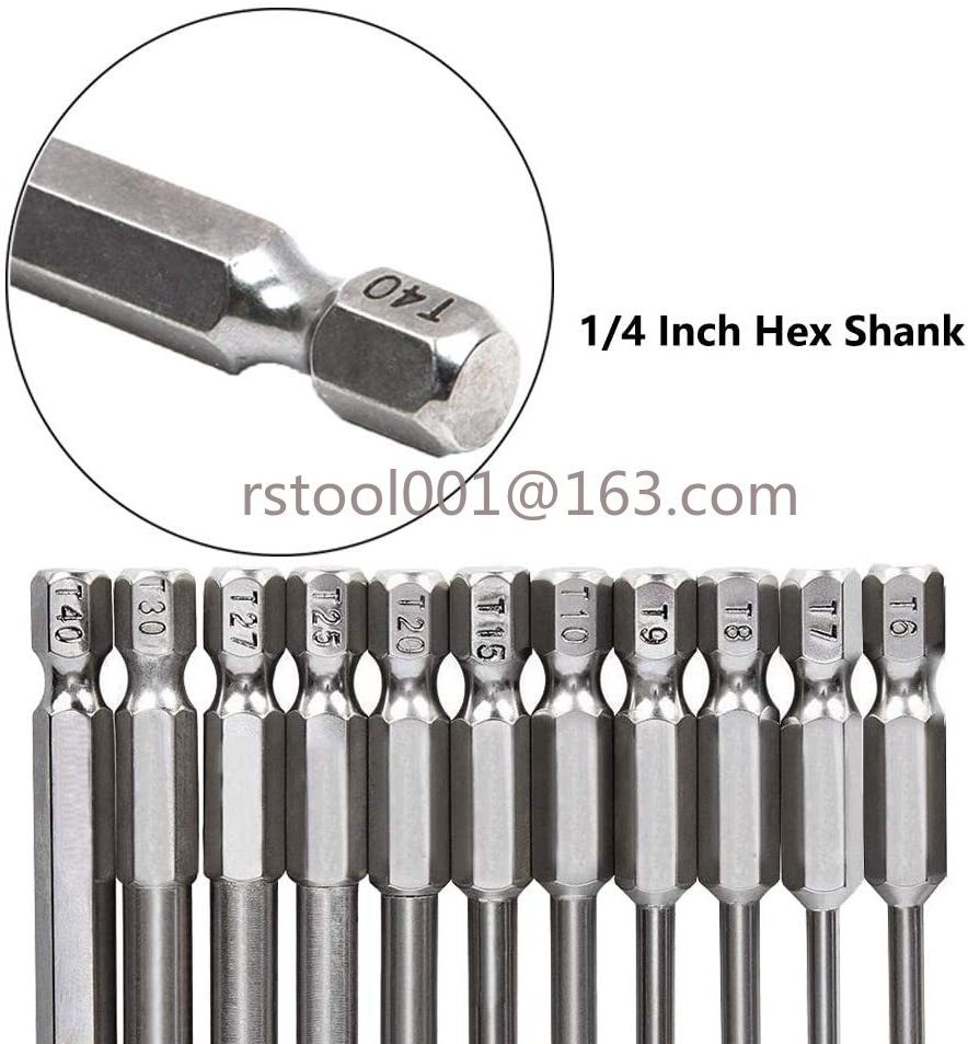 11pcs Torx Screwdriver Bits Set With Hole T6 T8 T9 T10 T15 T20 T25 T27 T30 T35 T40 1/4 Inch Hex Shank, 75mm/3 Inch Long