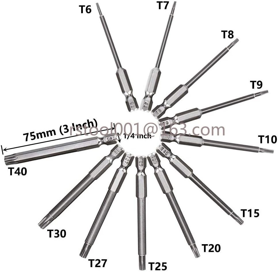 11pcs Torx Screwdriver Bits Set With Hole T6 T8 T9 T10 T15 T20 T25 T27 T30 T35 T40 1/4 Inch Hex Shank, 75mm/3 Inch Long