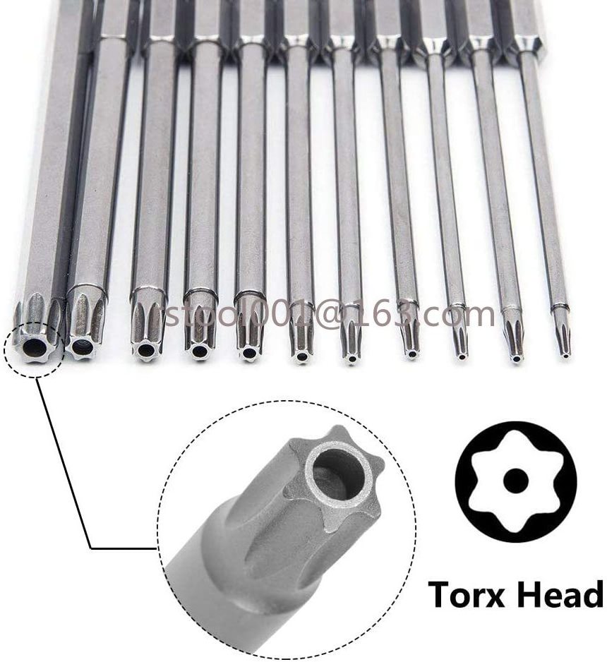 11pcs Torx Screwdriver Bits Set With Hole T6 T8 T9 T10 T15 T20 T25 T27 T30 T35 T40 1/4 Inch Hex Shank, 75mm/3 Inch Long