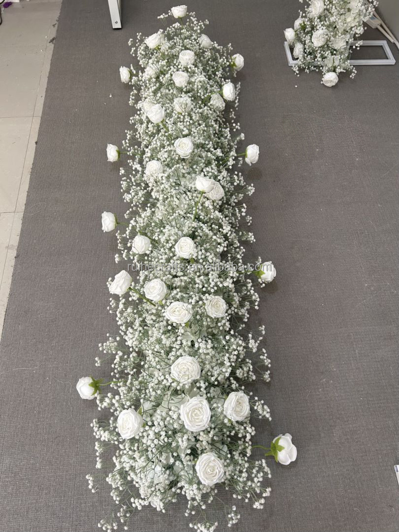 Artificial white rose babysbreath butterfly orchid flower row runner table runner for wedding arch stair decoration