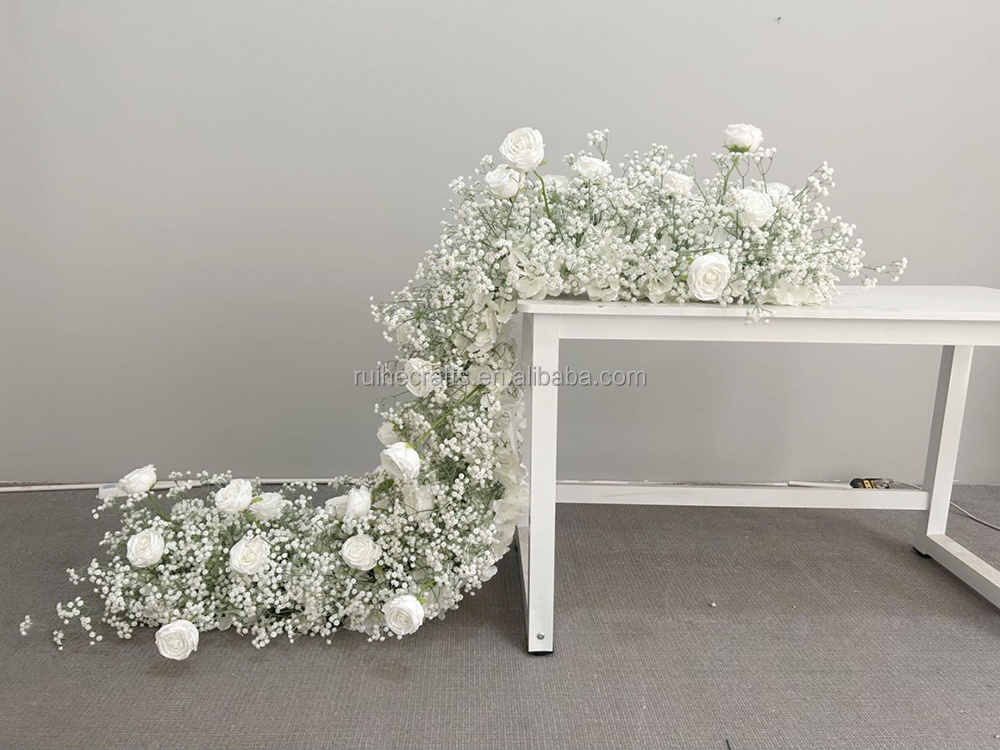 Artificial white rose babysbreath butterfly orchid flower row runner table runner for wedding arch stair decoration