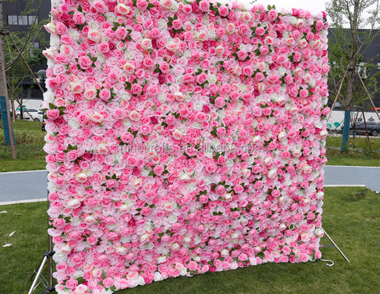 Custom 3d pink flower wall decorative rose flower wall panel roll up flower wall 8ft x 8ft