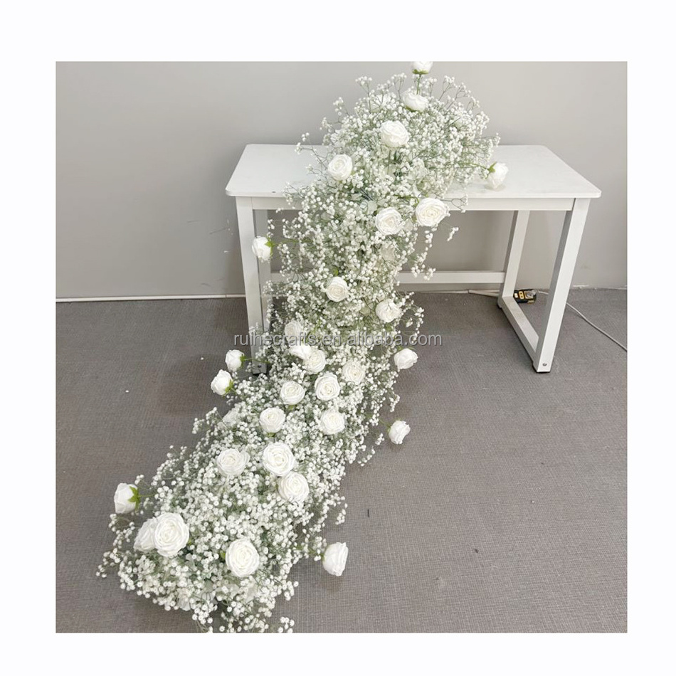 Artificial white rose babysbreath butterfly orchid flower row runner table runner for wedding arch stair decoration