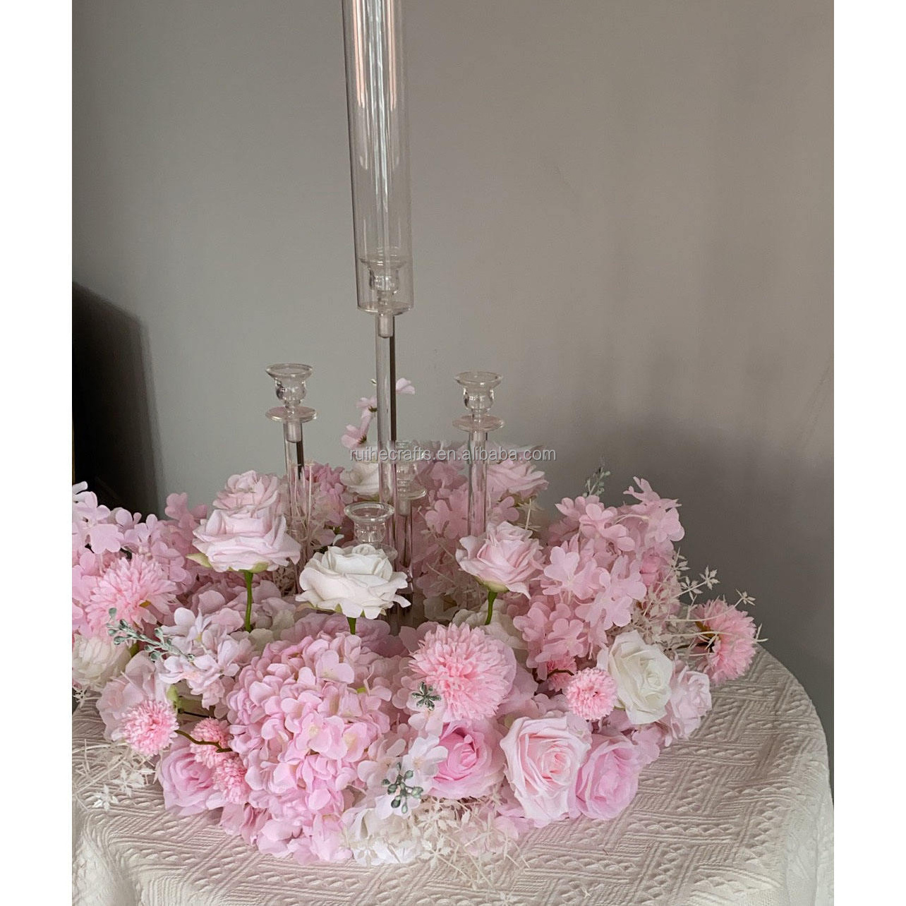 Customized Decorative 60cm Round Pink Flower Ball Candelabra Base Flower Ring Wedding Centerpiece For Events Table Decor