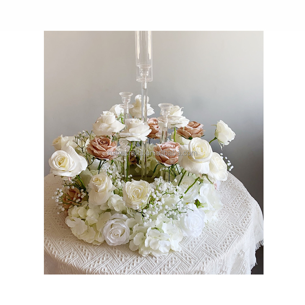 Customized Decorative 60cm Round Pink Flower Ball Candelabra Base Flower Ring Wedding Centerpiece For Events Table Decor