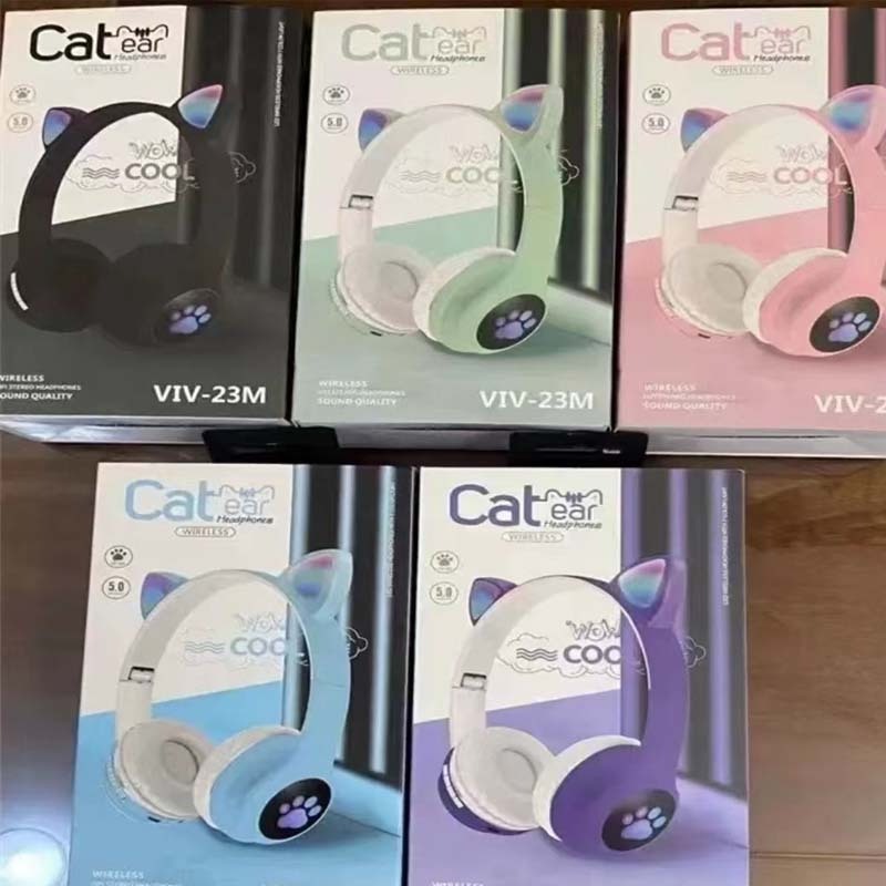 Viv-23m Pink Foldable Cat Headphones Wireless For Kids Foldable Cat Headphones Wireless Cat Ear Headset Macaron Over The Ear