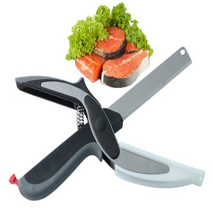 2-in-1 Clever Food Chopper Cutter Smart Stainless Steel Knife With Cutting Board Built-in For Chopping Fruits Vegetables Meat