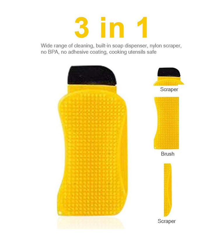 New Hot Selling Silicone Sponge Multi functional Three in One Household Dishwasher Brush with Soap Dispenser