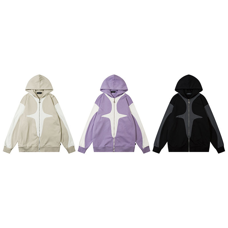 Custom High Quality 100% Cotton Hoodie Drop Shoulder Blank Hoodies Two Tone Color Block Patchwork Plain Zip Up Hoodie Men