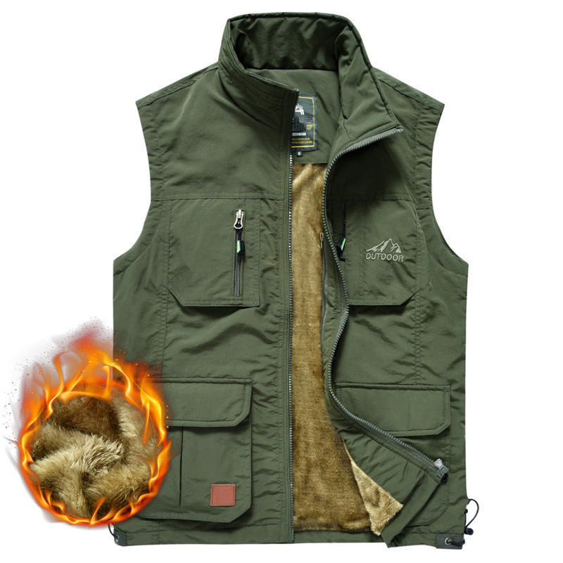 Custom Winter Stand Collar Thick Blank Sleeveless Jacket Fleece Zip Up Multi-pocket Utility Vest Men