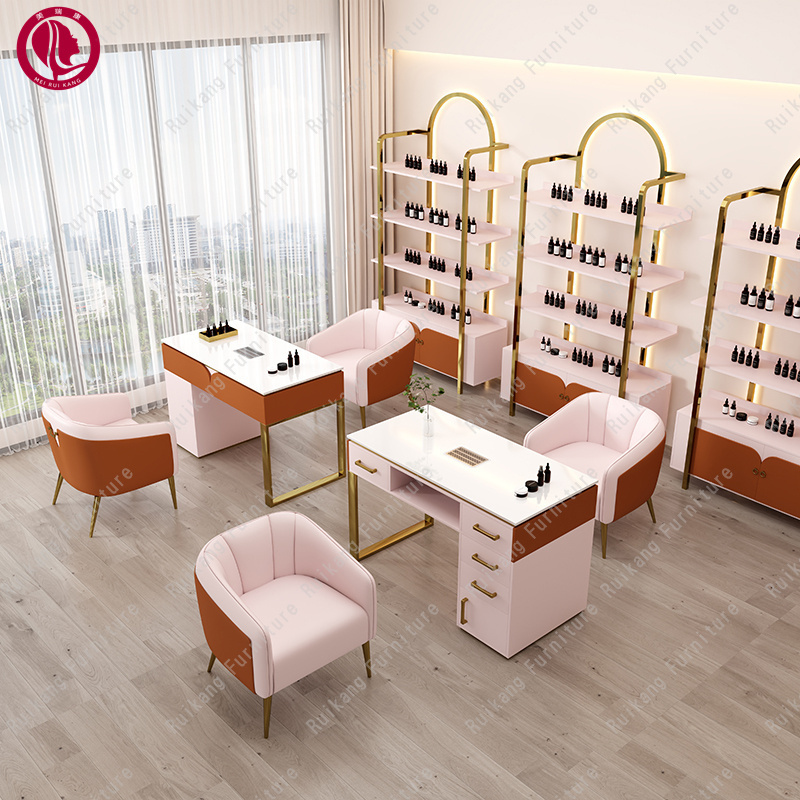 Dust Collector Bar Led Light Luxury Pink Furniture Sets Beauty Salon Nail Desk Chair Set Professional Manicure Nail Tables