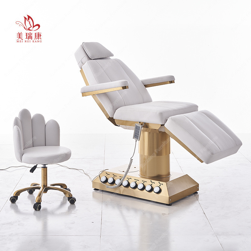 Modern Luxury Salon Furniture White Gold Electric Tattoo Facial Cosmetic lash Beauty Electric Massage Bed Table