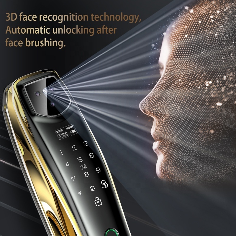 3D face recognition ID fingerprint camera viewer remote doorbell key 7 ways unlock Tuya app door smart lock with camera