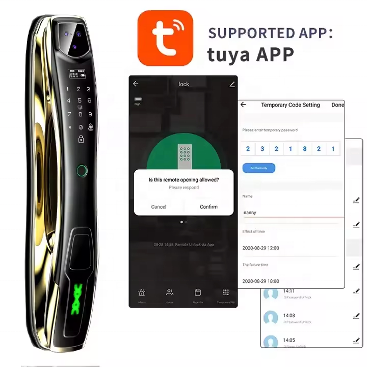 TUYA Wifi Fingerprint Recognition Smart Door Lock Cat Eye Automatic Face door lock with Camera Capture Function