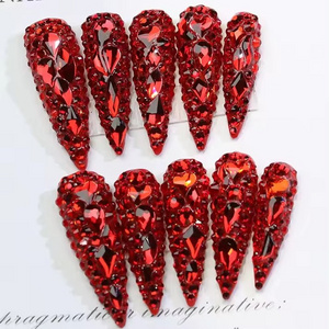 Rylan Rhinestone Handmade False Custom Logo Red Acrylic Press On Nails Medium Length