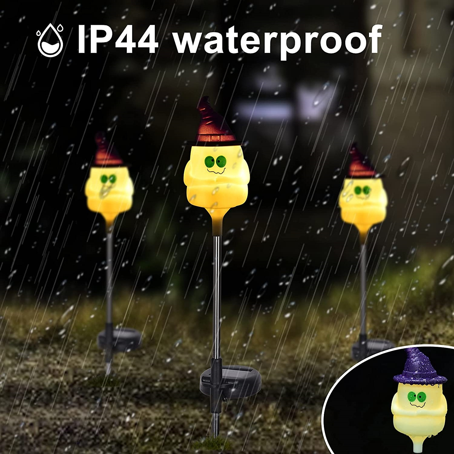 Halloween Solar Ghost Stake Lights, Ghost Lights with Witch Hat, Waterproof & Solar-Powered LED Halloween Lights