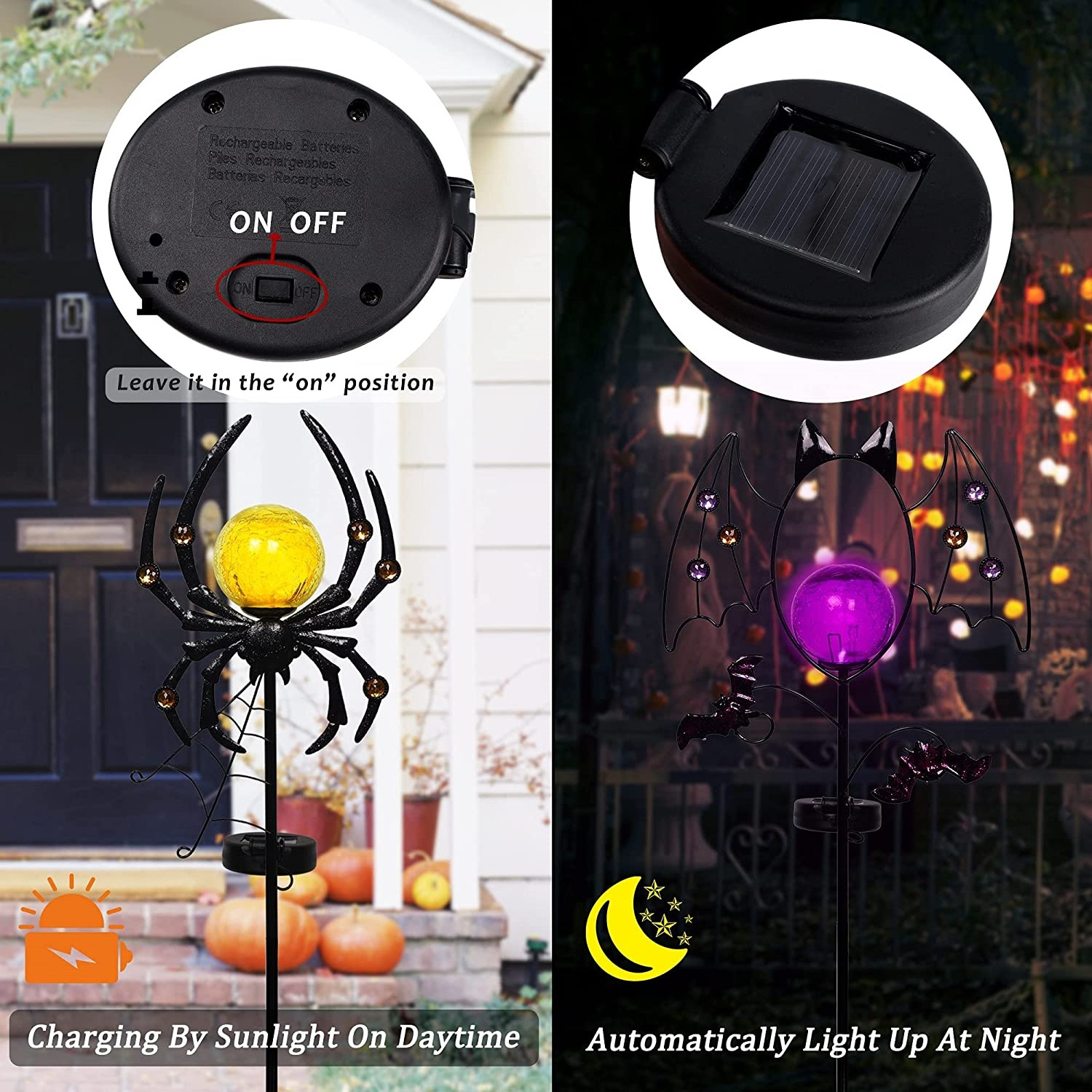 Outdoor Solar Garden Stake Halloween Bat Spider Led Lights Yard Garden Decorations