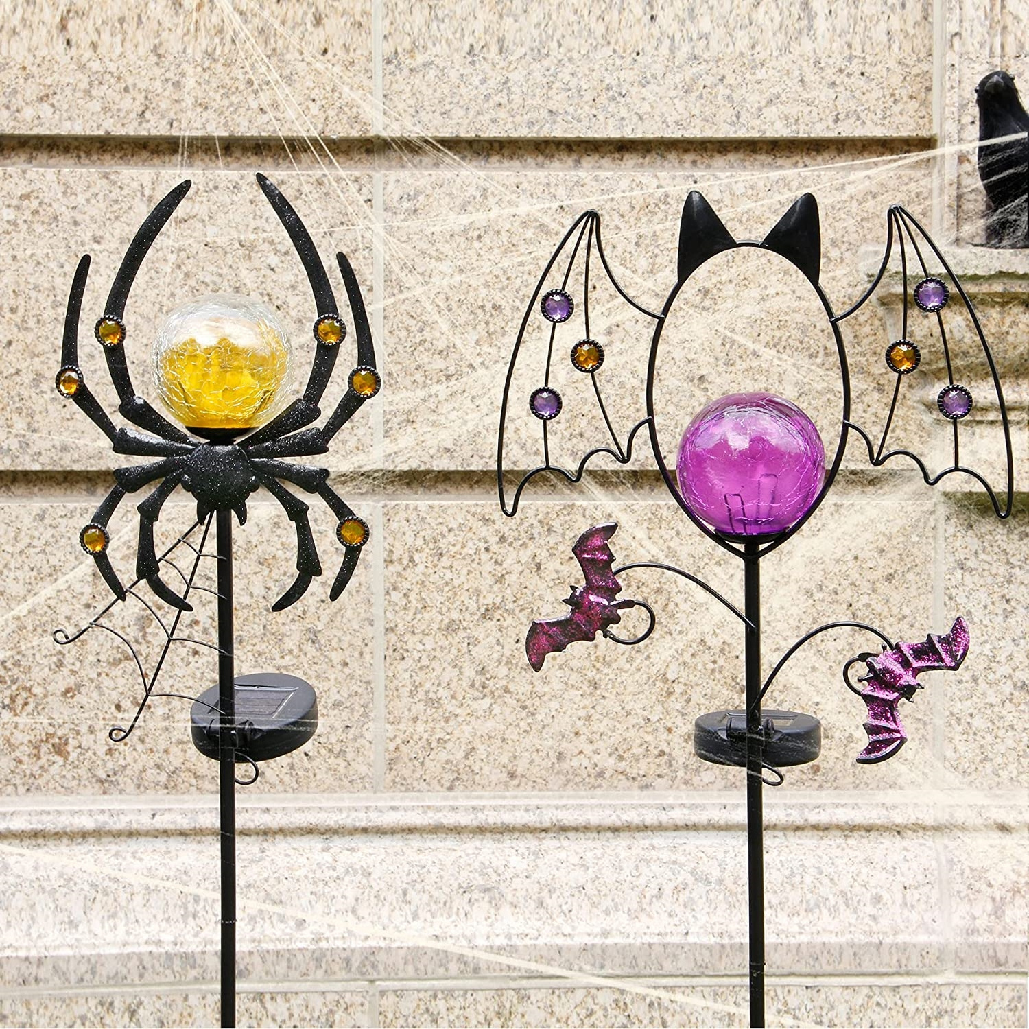 Outdoor Solar Garden Stake Halloween Bat Spider Led Lights Yard Garden Decorations