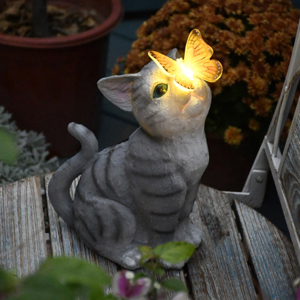 Solar Garden Cat figure with solar light resin cat statue and butterfly decoration for Patio,Balcony,Yard, warming Gift for  Mom