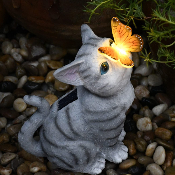 Solar Garden Cat figure with solar light resin cat statue and butterfly decoration for Patio,Balcony,Yard, warming Gift for  Mom