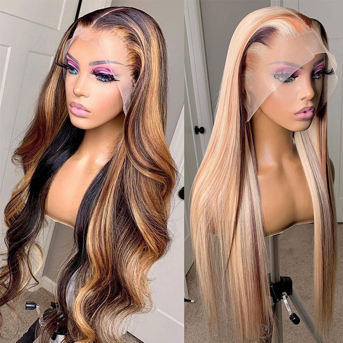 Human Hair Transparent Hd Full Lace Wig,honey blonde Highlight Lace Front Wig,Virgin Glueless Ombre Piano Color Lace Wigs