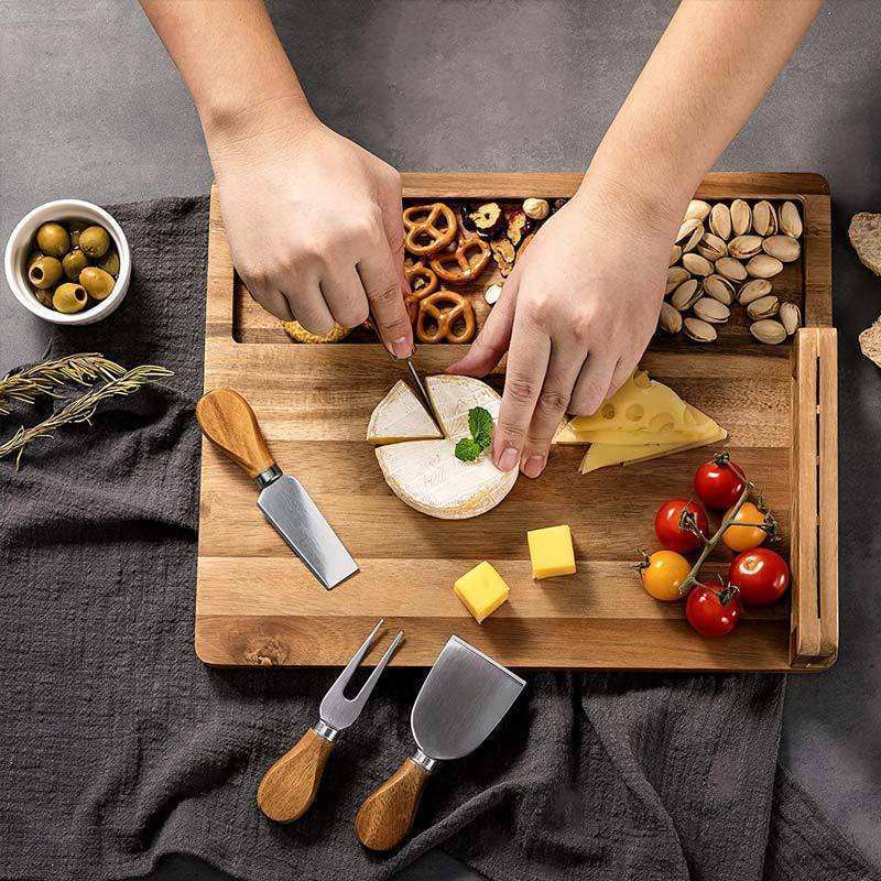 Acacia wood cheese cutting board with magnetic cheese knife holder