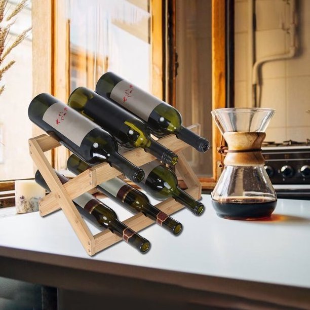 Bamboo Foldable  2 Layer Countertop Wine Rack 6-Bottles Furniture Wine Display Stand Wood Color For Party