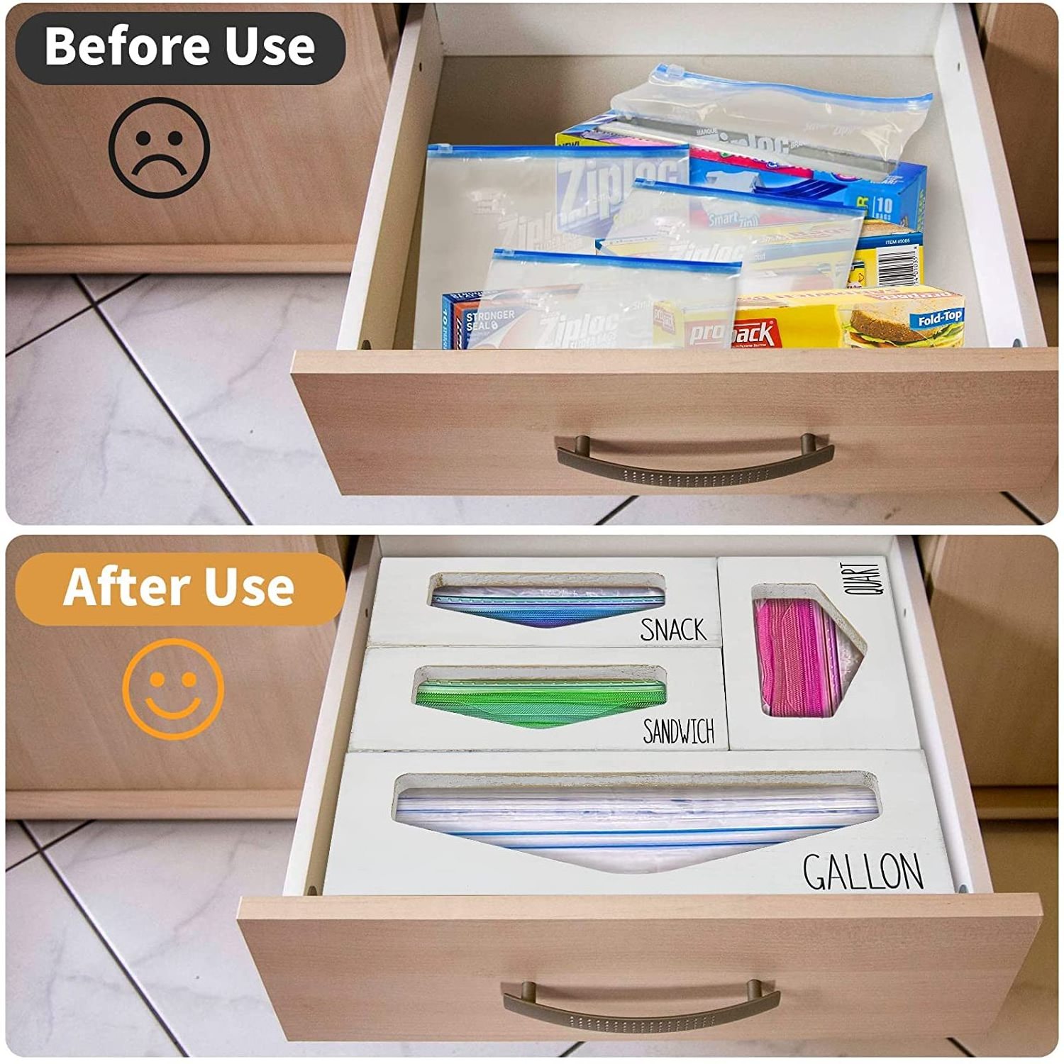 Bamboo White Plastic Food Storage Bag Holders Acrylic Ziplock Bag Storage Organizer And Dispenser Compatible for Kitchen Drawer