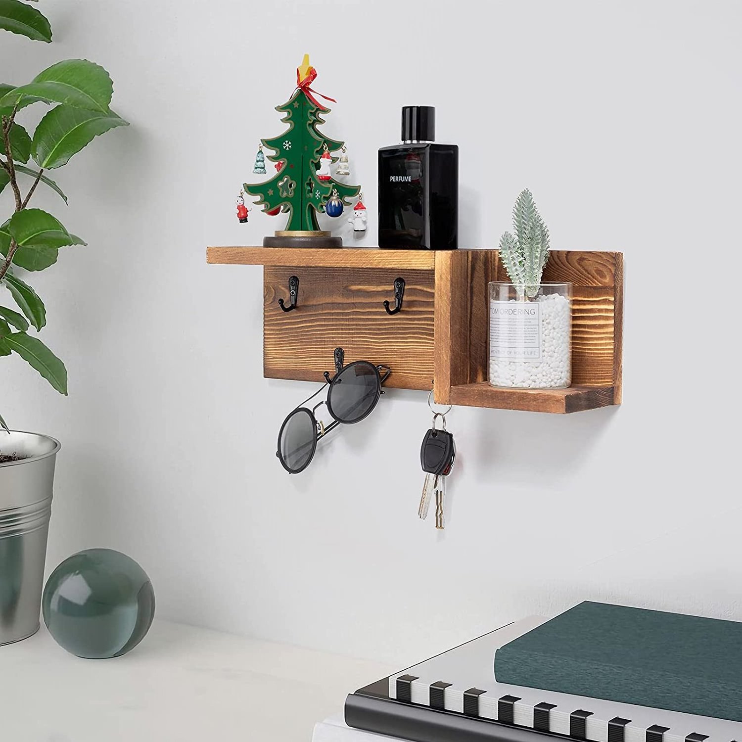 Wood Decorative Wooden Wall Organizer Key Holder and Mail Shelf with 4 Key Hooks Wooden Entryway Organizer Holder Rack