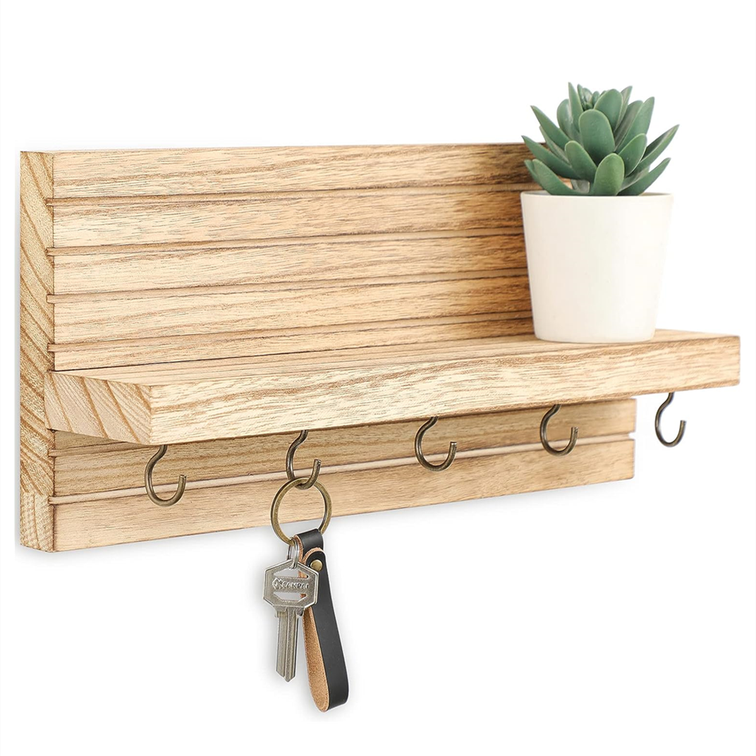 Wood Floating Shelves with Metal Hooks Entryway Wall Shelf for Key, Coat, Hat