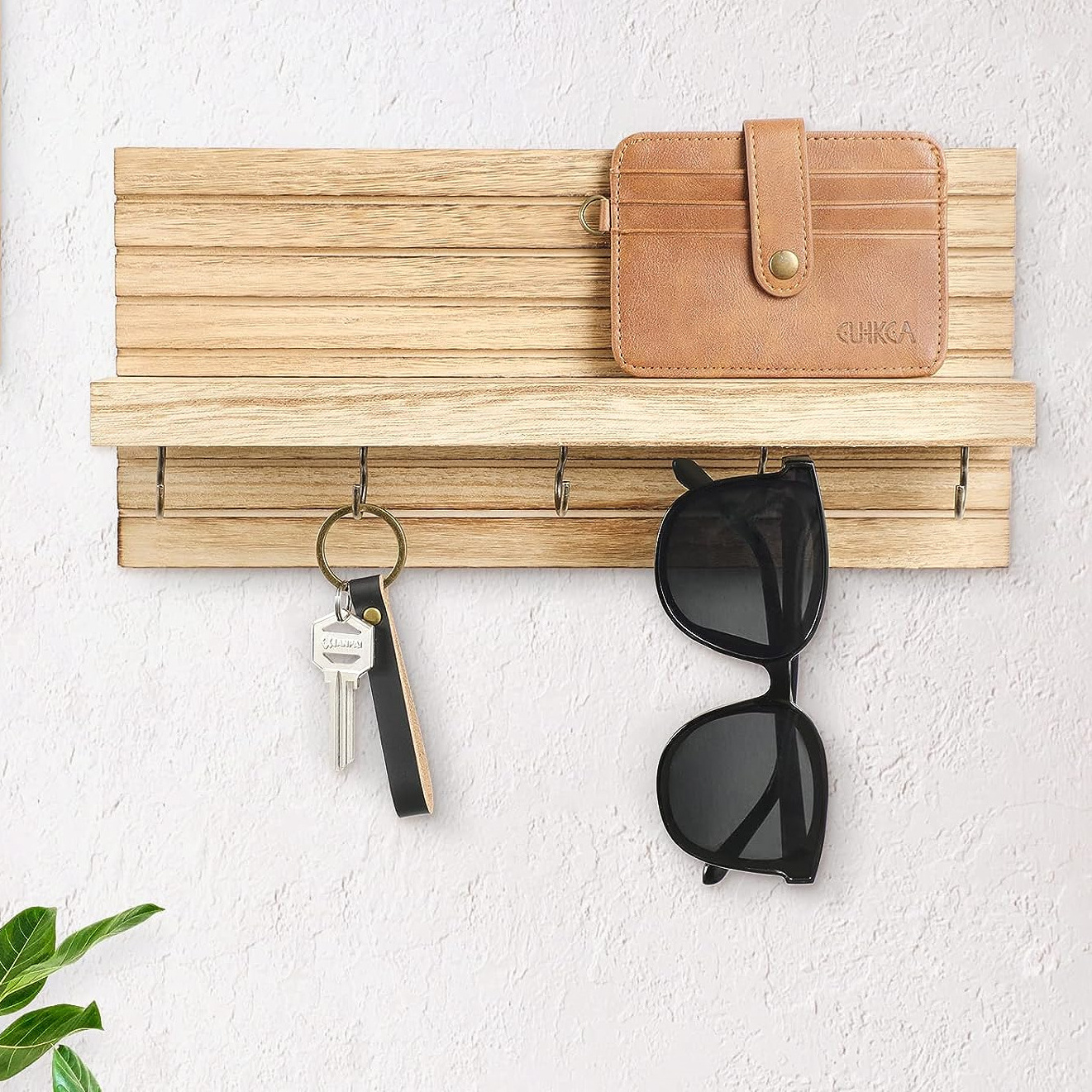 Wood Floating Shelves with Metal Hooks Entryway Wall Shelf for Key, Coat, Hat