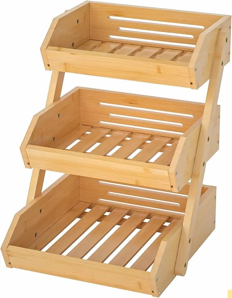 Large Capacity Fruit Stand Storage Holder 3-tiers Bamboo Fruit Basket for Kitchen or Home