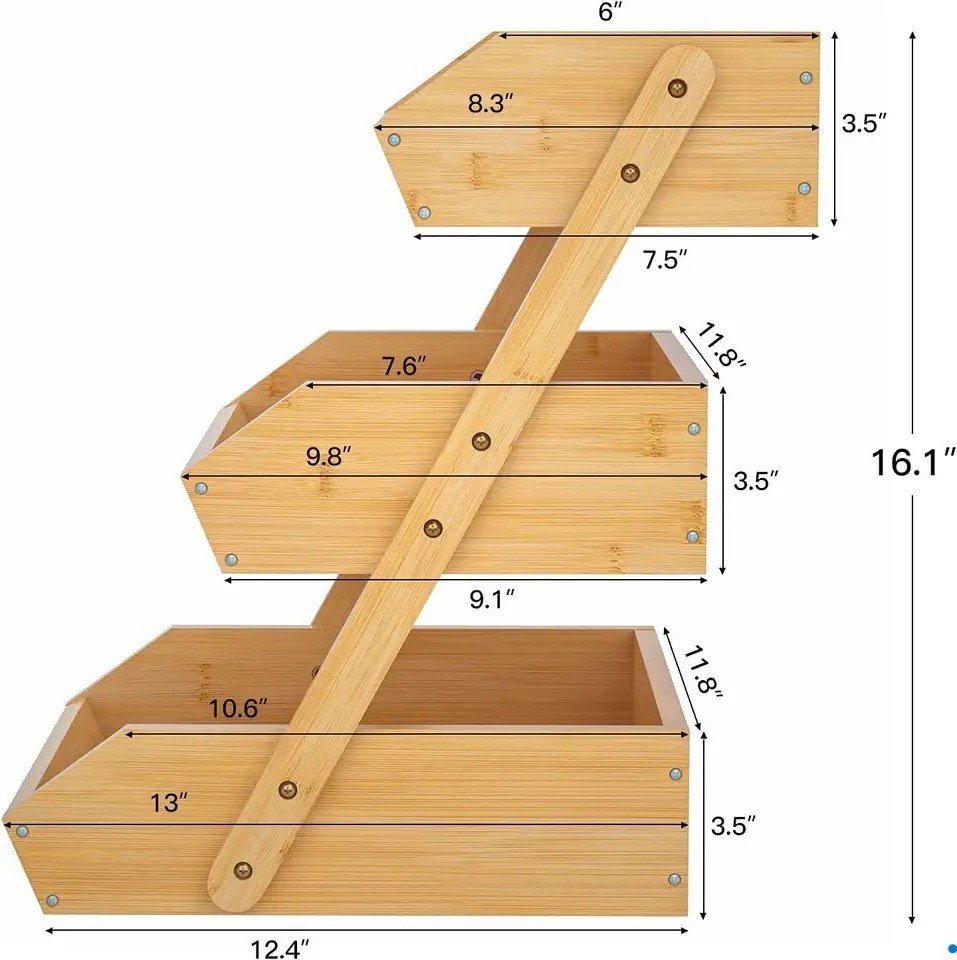 Large Capacity Fruit Stand Storage Holder 3-tiers Bamboo Fruit Basket for Kitchen or Home