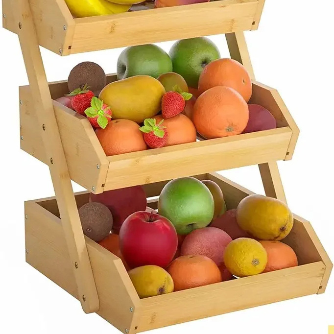 Large Capacity Fruit Stand Storage Holder 3-tiers Bamboo Fruit Basket for Kitchen or Home