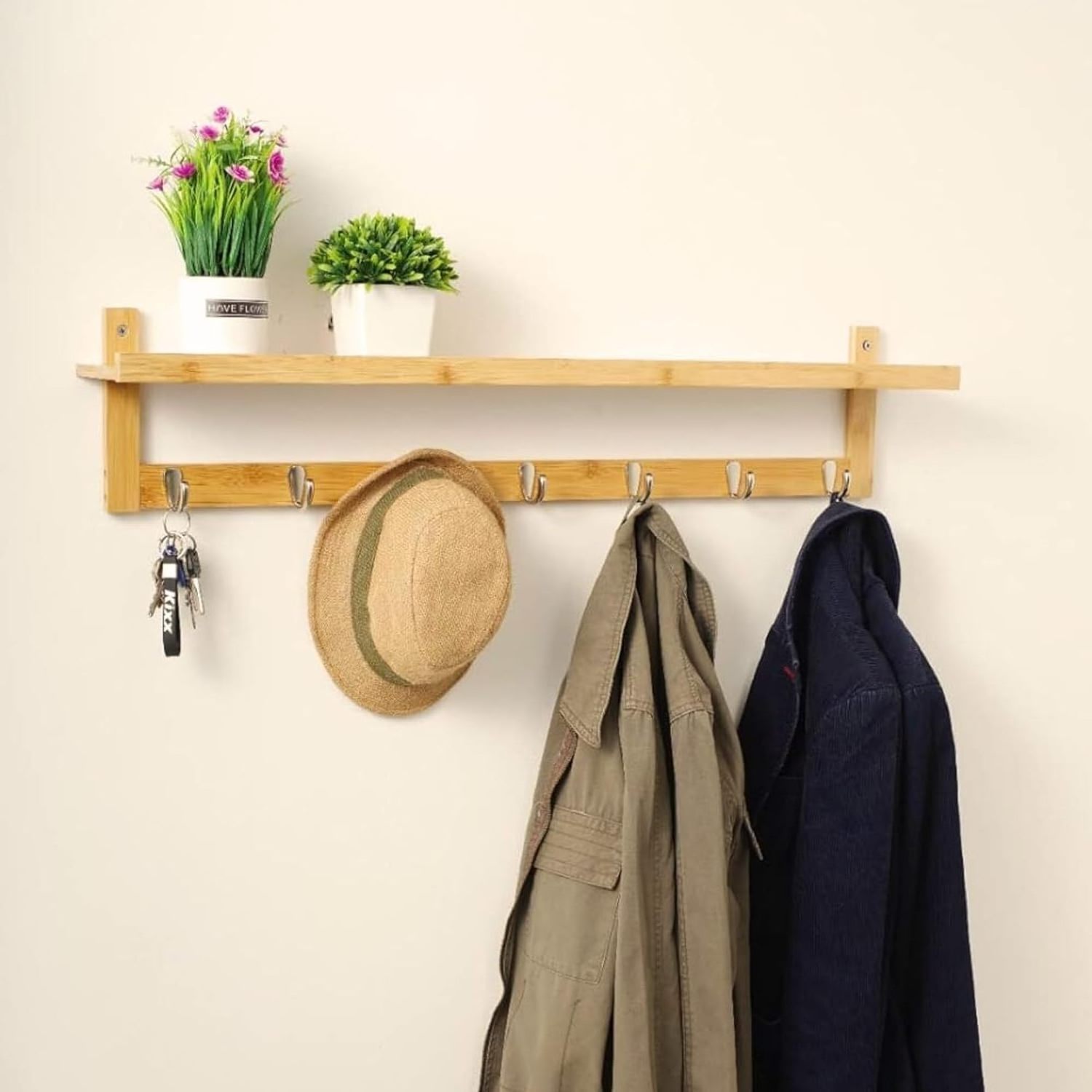 Wall Mounted Coat Rack with Shelf Bamboo Storage Organizer With Key Hooks Wooden Coat Racks Wall Shelf For Home Decor