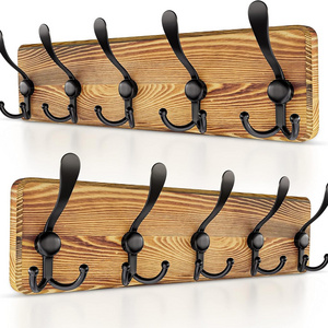 Wood Coat Rack Wall Mount with 5 Tri Hooks Solid Pine Wood Wall Hooks Rack for Hanging Towels Clothes Hat Bag Hanger Holder