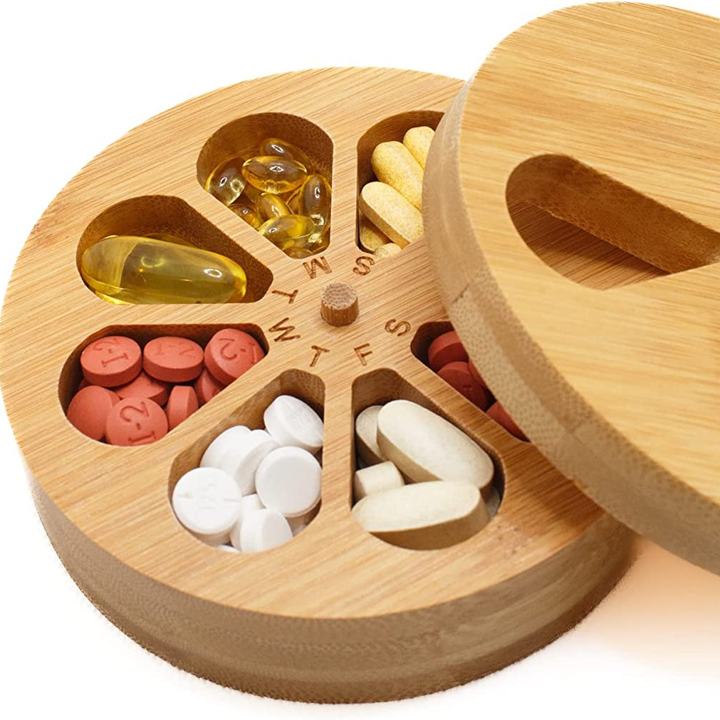 Bamboo Weekly Pill Box 7 Day Tablet Organizer Perfect for Vitamins Pills and Supplements