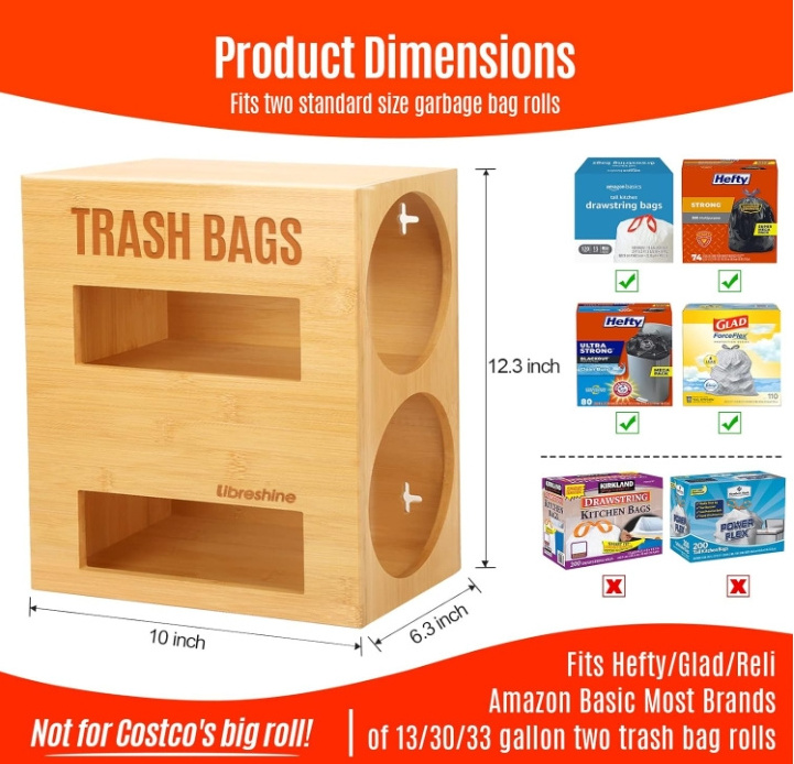 2 in 1 Trash Bag Dispenser Roll Holder Wall Mount Bamboo Garbage Bag Organizer for 2 Rolls of Plastic Bags