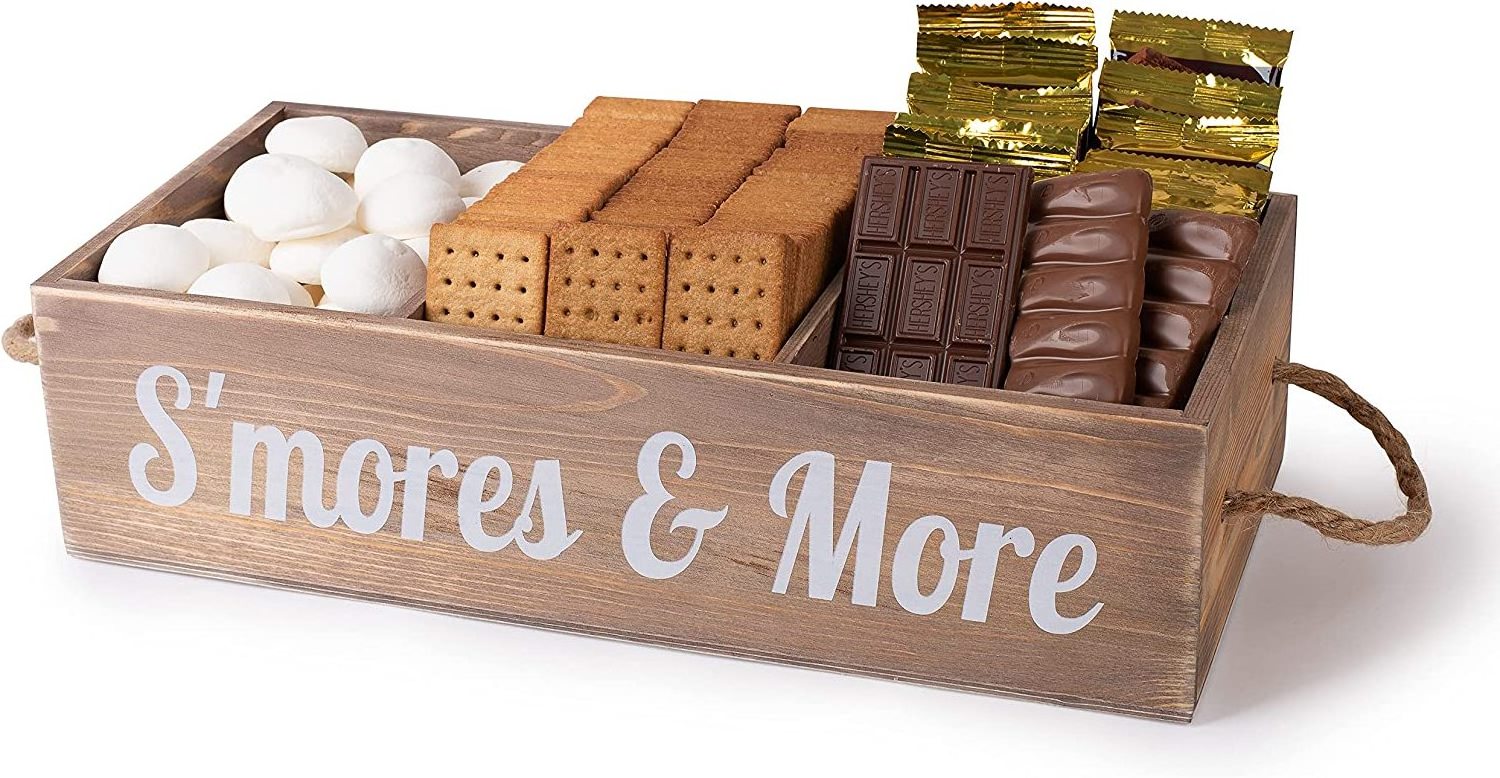 S'Mores Station Box S'Mores Bar Holder Farmhouse Kitchen Decor Rustic Smores Roasting Station Wood Organizer Camping BBQ Storage