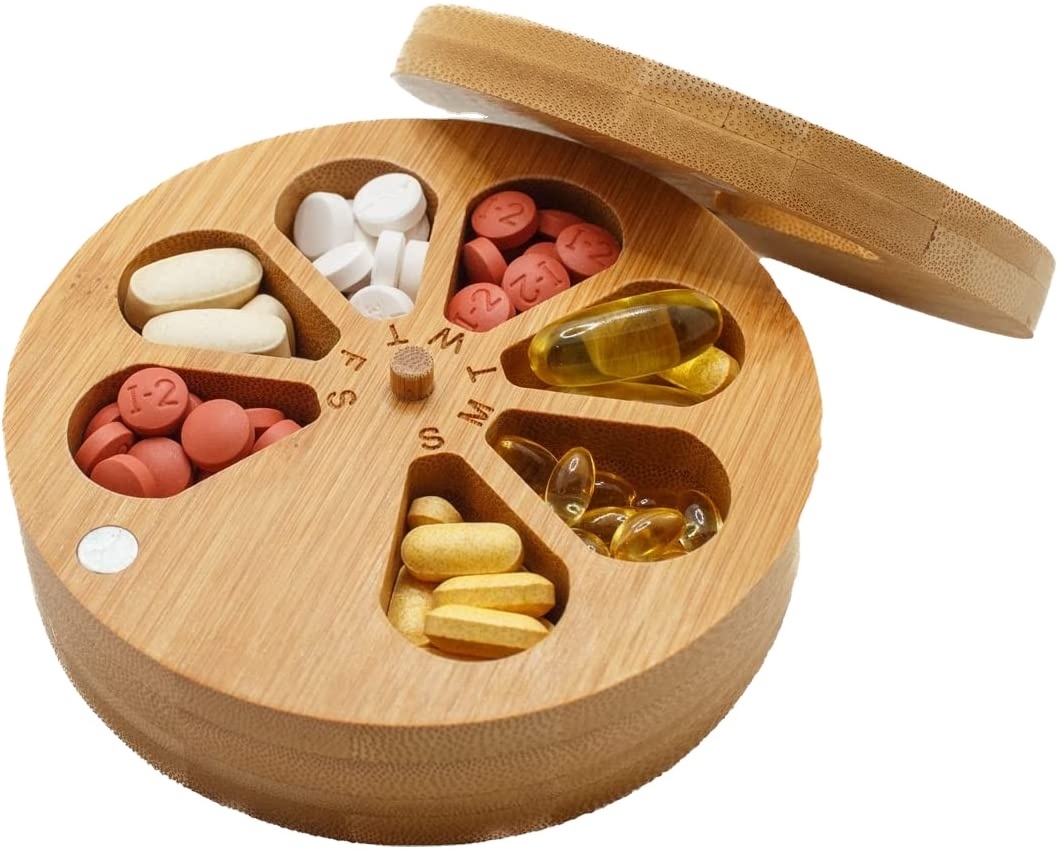 Bamboo Weekly Pill Box 7 Day Tablet Organizer Perfect for Vitamins Pills and Supplements