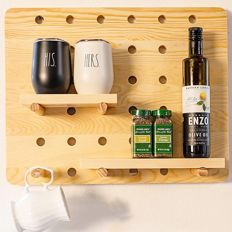 Wooden pegboard wall organizer shelf with hooks customized walls modular grid organizer