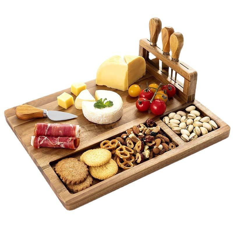 Acacia wood cheese cutting board with magnetic cheese knife holder