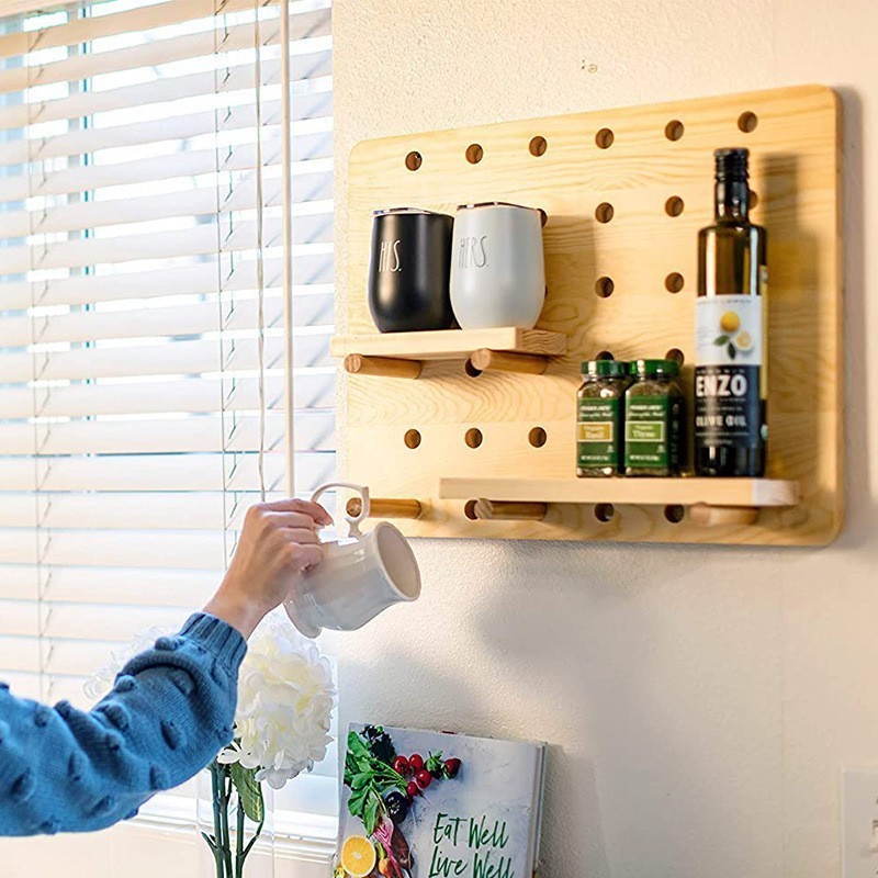 Wooden pegboard wall organizer shelf with hooks customized walls modular grid organizer